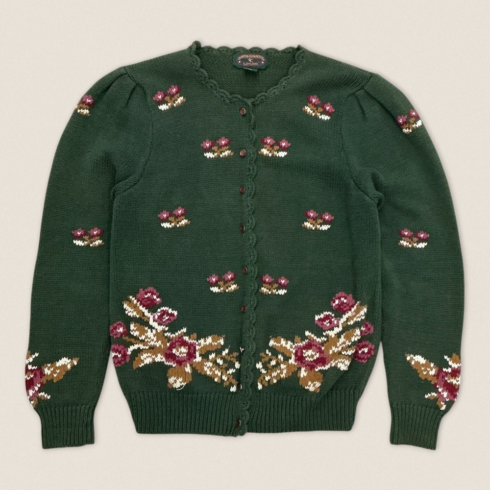 Vintage 90s Floral Cotton Cardigan Sweater Green Charter Club - Size Small